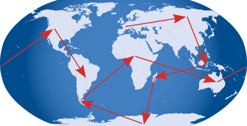 carte du monde avec flèches d'itinéraire partant dans tous les sens