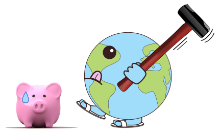 Logo planète cassant une tirelire cochon avec une masse