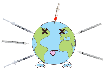 Logo planète piquée avec plein de seringues de vaccins