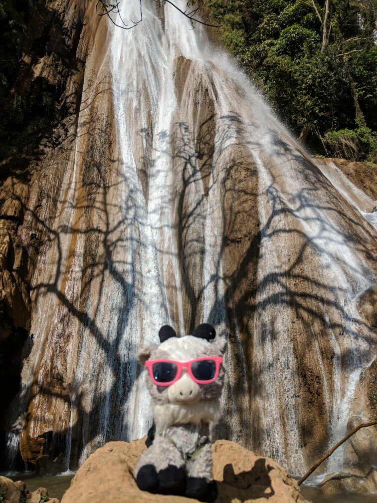 La biquette en peluche pose devant la cascade de Nam Tuk à Hsipaw