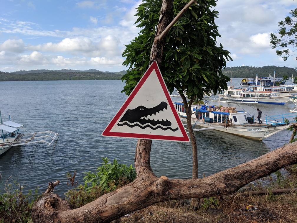 Panneau attention aux crocodiles à coté du port d'arrivée de l'ile de Balabac