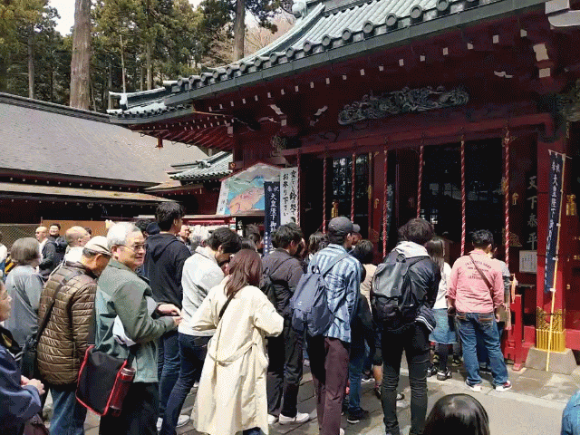 Gif animé de Japonais faisant la queue pour aller prier au sanctuaire Jin-Ju à Hakone