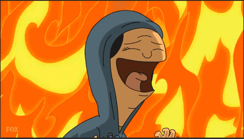 Gif animé d'un personnage de cartoon qui rit de façon diabolique devant un mur de flammes