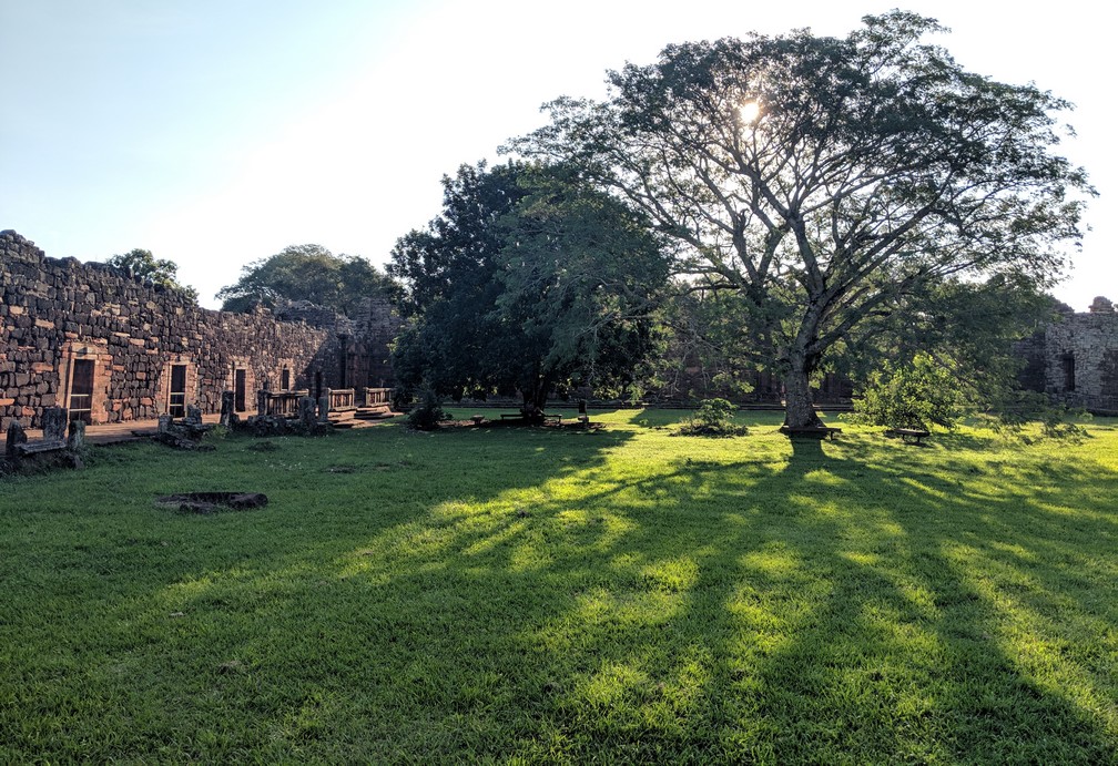 Un arbre à contre-jour au milieu des ruines jésuites de San Ignacio Mini