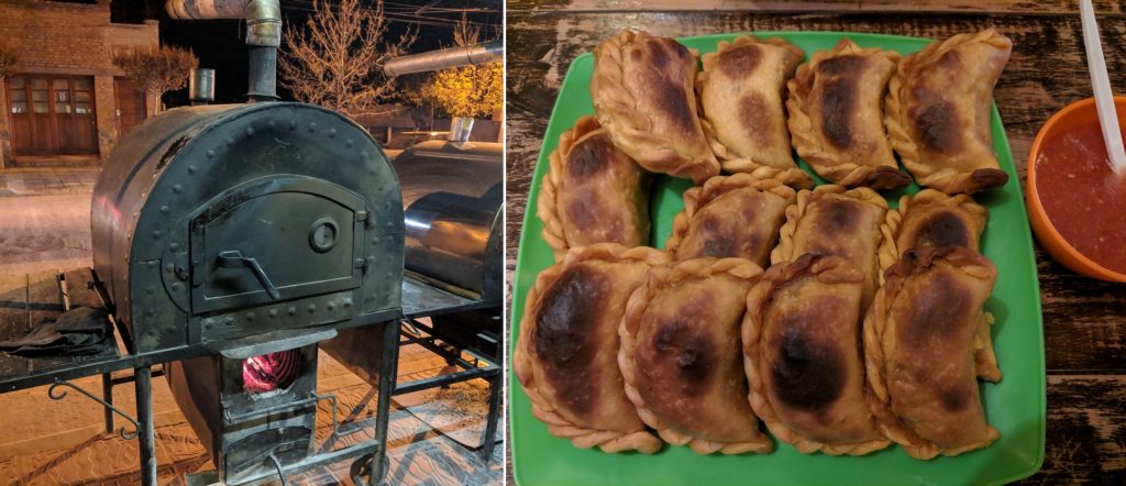 Images d'un four dans la rue et d'une assiette d'empanadas à El Hornito