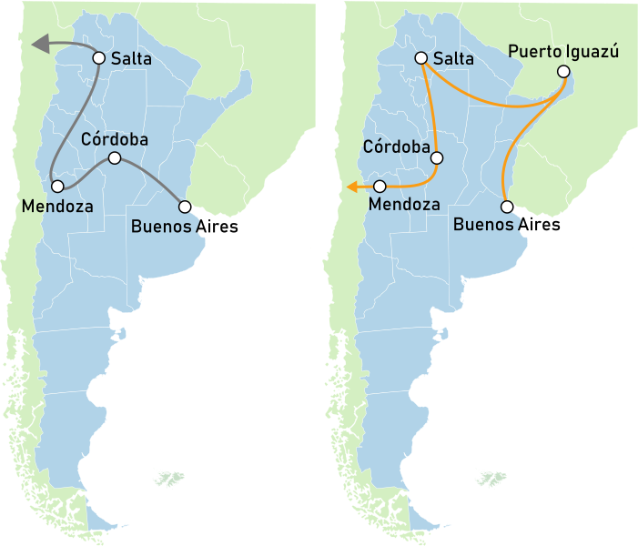 2 cartes d'argentine présentant 2 itinéraires différents mises côte à côte