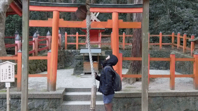 Gif animé de Salomé en train de secouer la cloche dans un temple de Nara