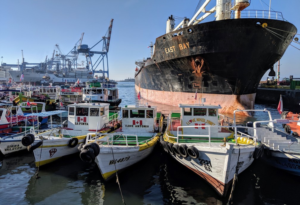 Grand paquebot et petites embarcations au port de Valparaiso