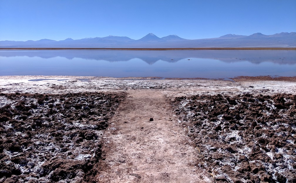 Chemin encrouté de sel devant la lagune Tebenquiche dans laquelle se réfléchissent des montagnes