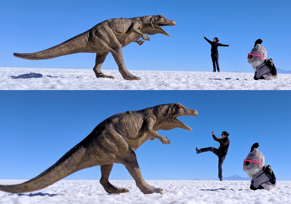 Salomé défend la petite Biquette du dinosaure dans le salar d'Uyuni