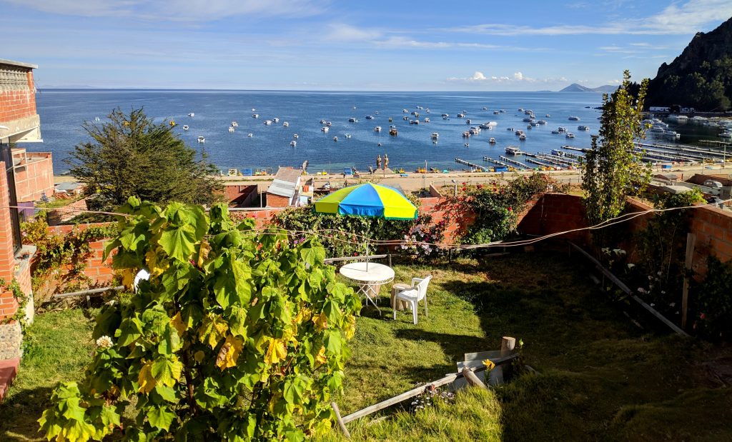 Vue sur le lac Titicaca depuis notre guesthouse à Copacabana