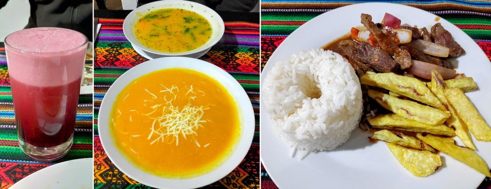 Menu touristique de Ima Sumac à Ollantaytambo: chicha morada, soupe et lomo saltado
