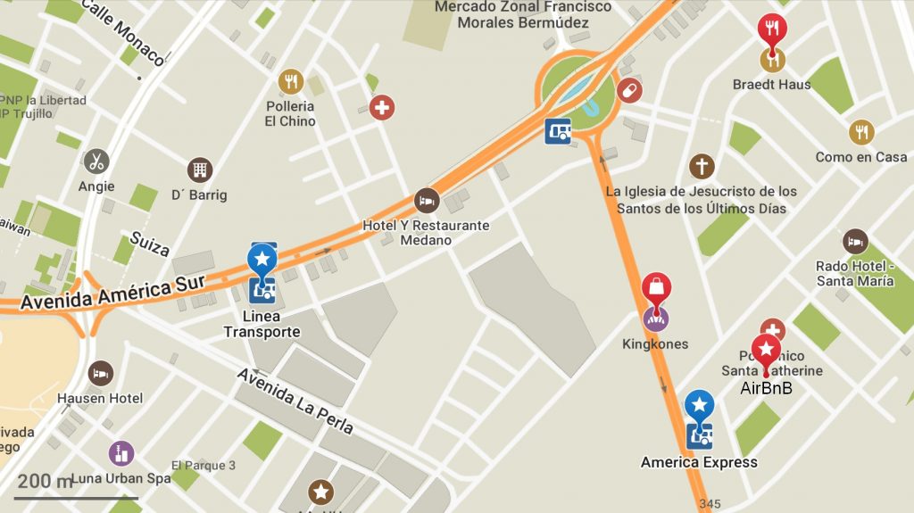 Carte de Chiclayo montrant les différents terminaux de bus