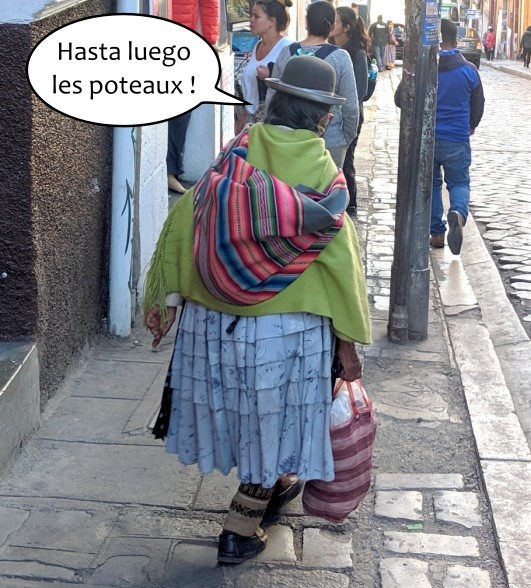 Vieille Bolivienne marche de dos en portant son sac multicolore à La Paz