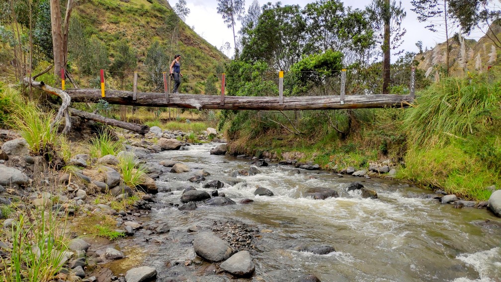 Tronc d'arbre constituant un pont qui enjambe une rivière sur la boucle de Quilotoa
