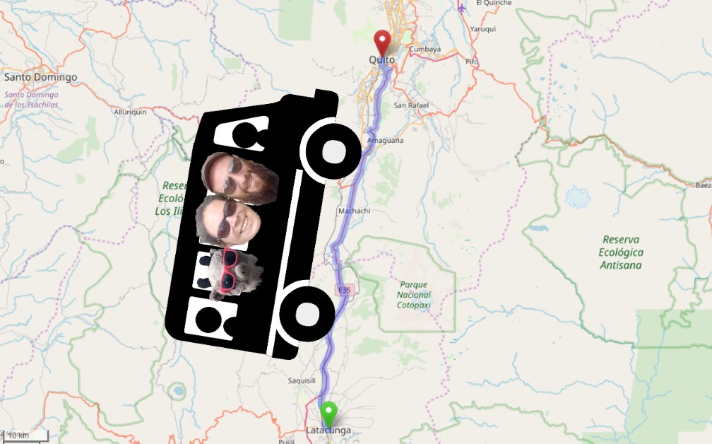 Carte avec un bus sur l'itinéraire de Latacunga à Quito