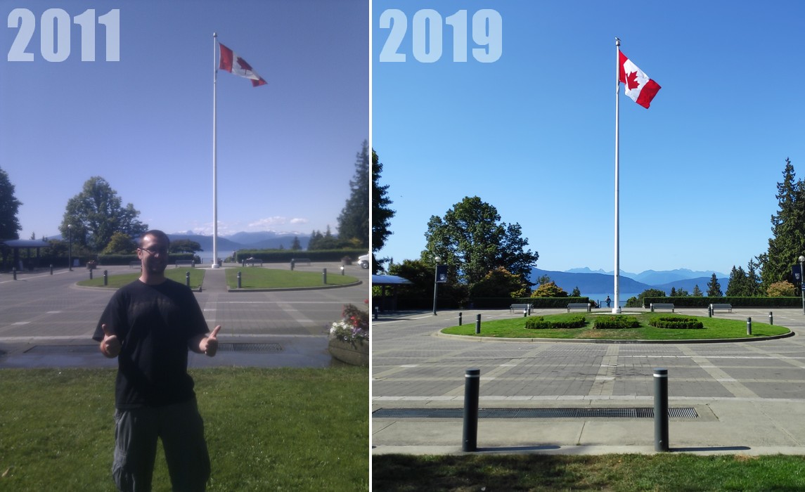 Comparaison entre deux photos du drapeau sur le campus de UBC en 2011 et 2019