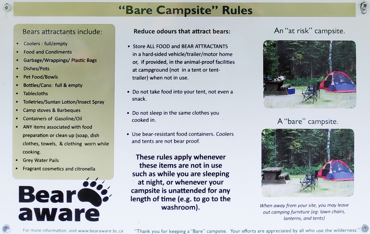 Instructions du camping pour les ours